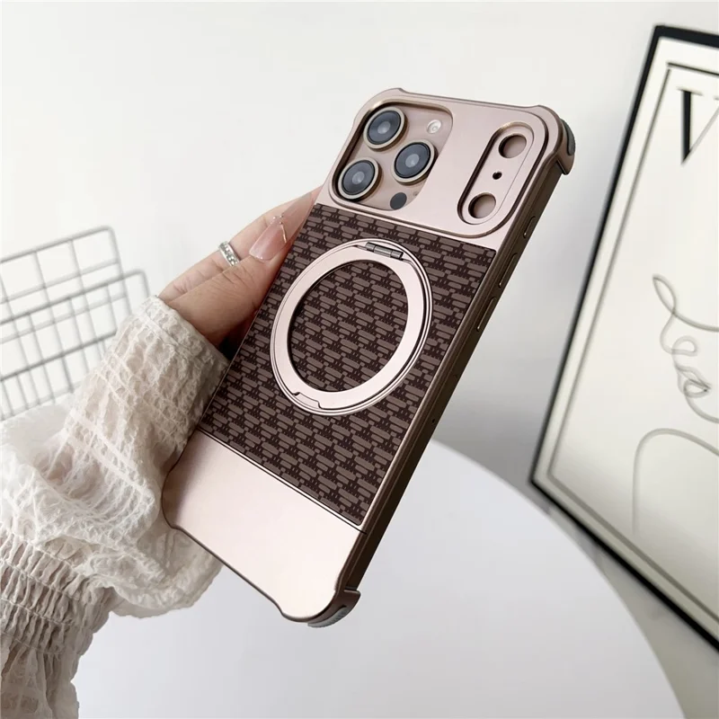For iPhone 15 Pro Max Magnetic Case Kickstand Lens Upgrade Design Metal Carbon Fiber Phone Cover - Gold
