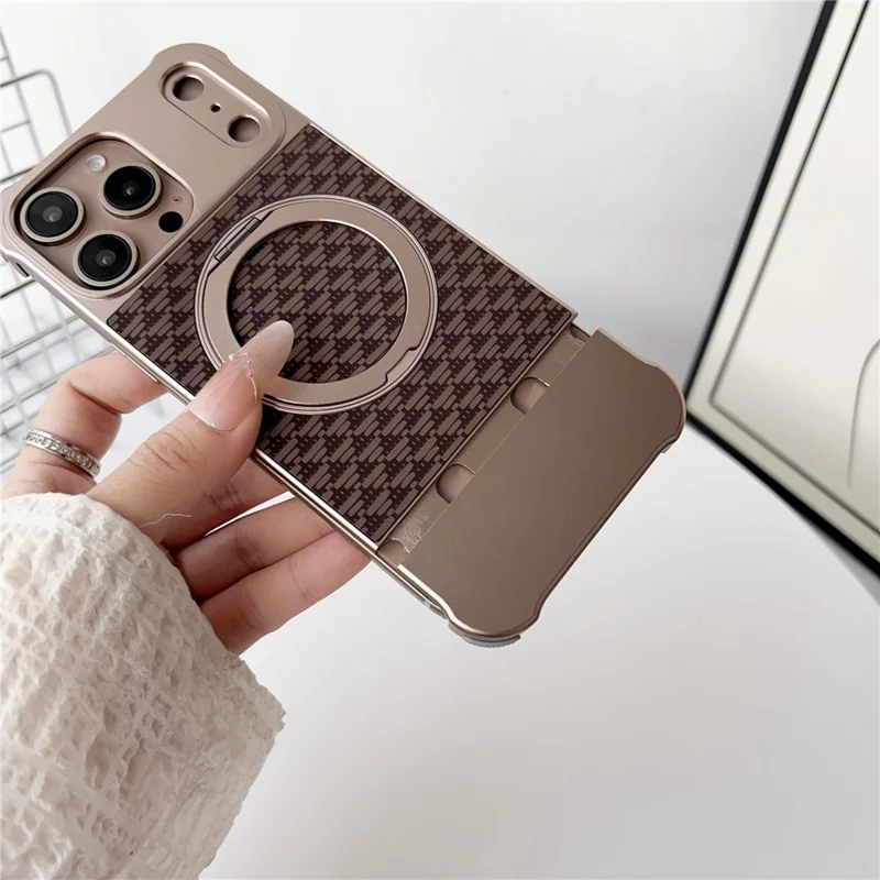 For iPhone 15 Pro Max Magnetic Case Kickstand Lens Upgrade Design Metal Carbon Fiber Phone Cover - Gold