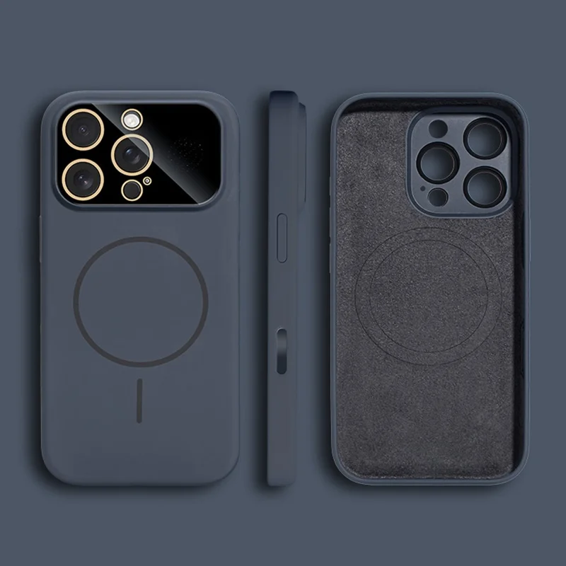 For iPhone 16 Pro Max Magnetic Case AI Button Liquid Silicone Phone Back Cover with Lens Film - Black