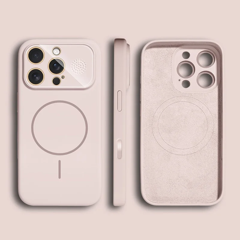 For iPhone 16 Pro Max Magnetic Case AI Button Liquid Silicone Phone Back Cover with Lens Film - Pink
