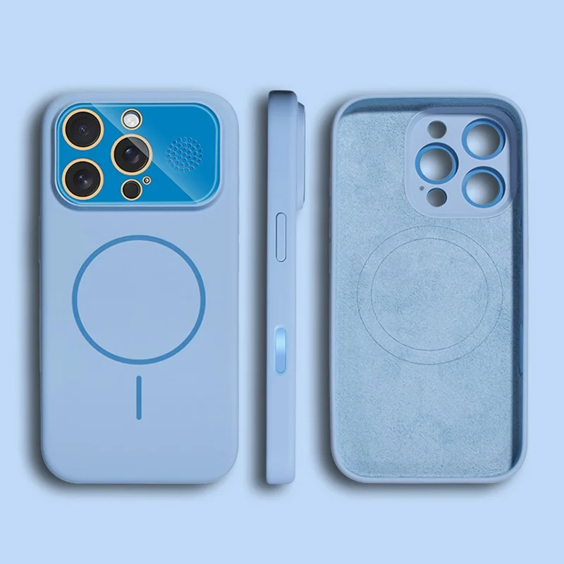 For iPhone 16 Pro Magnetic Case AI Button Liquid Silicone Phone Back Cover with Lens Film - Baby Blue