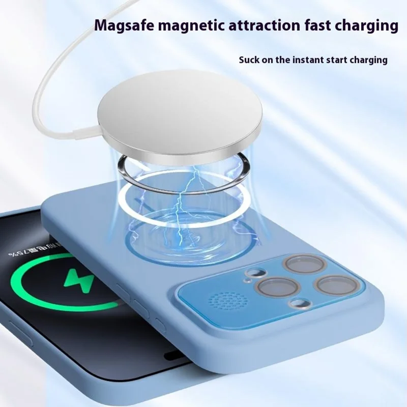 For iPhone 16 Pro Magnetic Case AI Button Liquid Silicone Phone Back Cover with Lens Film - Baby Blue