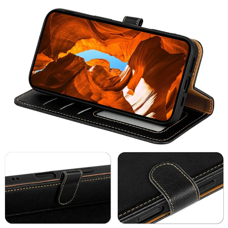 Per Xiaomi Redmi A5 4G (171,7mm) / Poco C61 4G Cover Portafoglio con Blocco RFID Texture Pelle di Litchi Chiusura Magnetica - Nero
