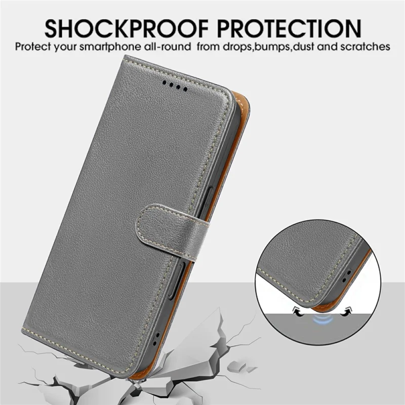 For Samsung Galaxy A06 4G Case RFID Blocking Wallet Litchi Texture Leather Phone Cover Magnetic Clasp - Grey