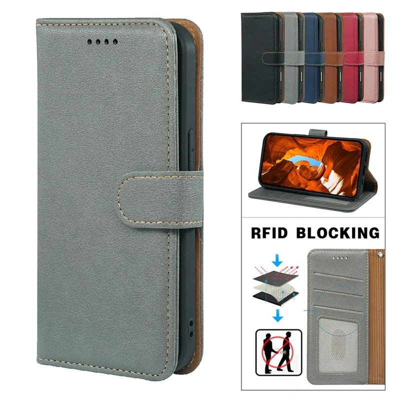 For Samsung Galaxy A06 4G Case RFID Blocking Wallet Litchi Texture Leather Phone Cover Magnetic Clasp - Grey