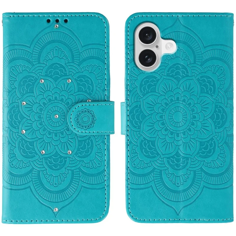 Voor iPhone 17 Hoesje met Strassversiering PU Leren Mandala Afdrukdesign Telefoonhoes met Polsbandje - Blauw
