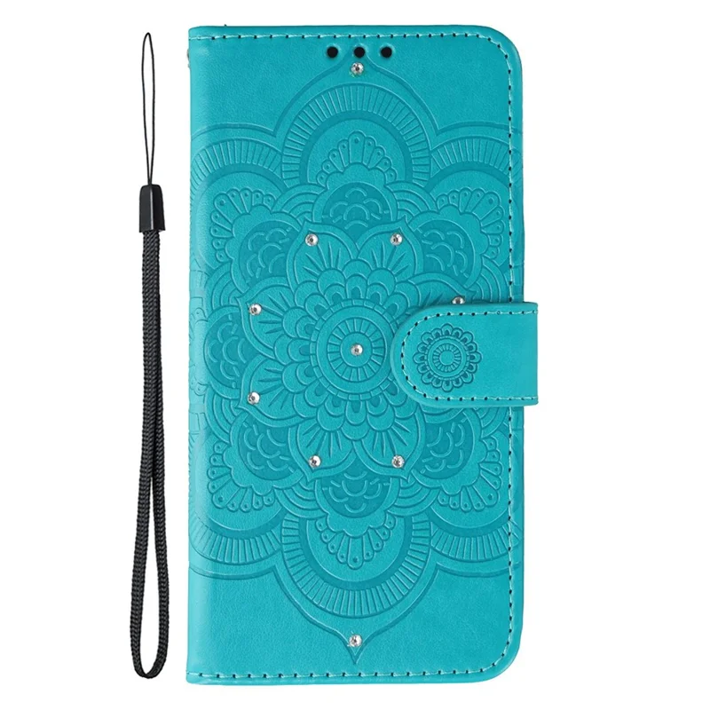 Voor iPhone 17 Hoesje met Strassversiering PU Leren Mandala Afdrukdesign Telefoonhoes met Polsbandje - Blauw