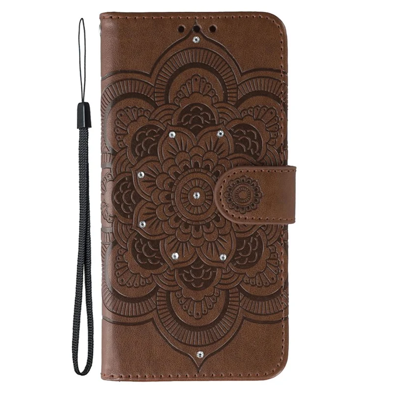 For iPhone 17 Case Rhinestone Decor PU Leather Mandala Imprinted Design Phone Cover with Wrist Strap - Brown