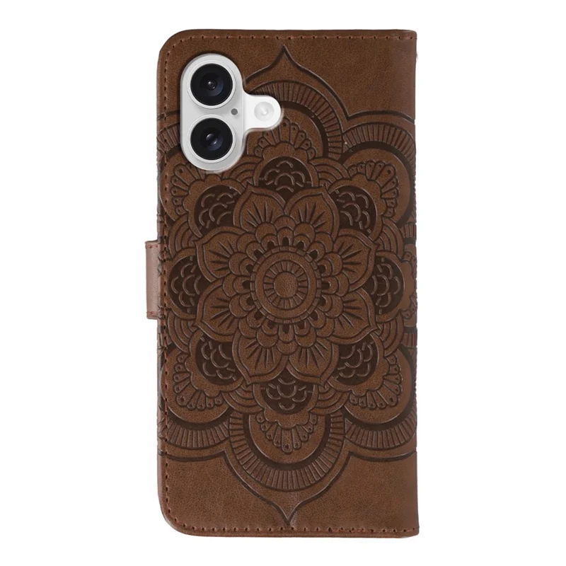 For iPhone 17 Case Rhinestone Decor PU Leather Mandala Imprinted Design Phone Cover with Wrist Strap - Brown