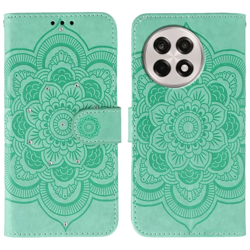 Cover per OnePlus Ace 5 5G / Ace 5 Pro 5G / 13R 5G con Strass, Design Mandala Stampato in Pelle PU con Cinturino da Polso - Verde