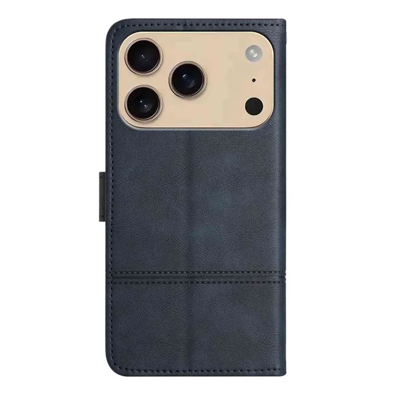 Til iPhone 17 Pro Max Wallet Case med syede linjer og præget kuemønster i PU-læder til telefon - Blå