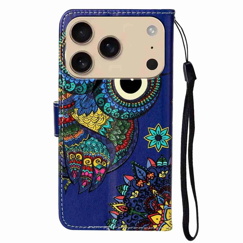 Til iPhone 17 Pro Max Case Mønster Læder Wallet Telefonbeskyttelse med Snor - Blå Ugle
