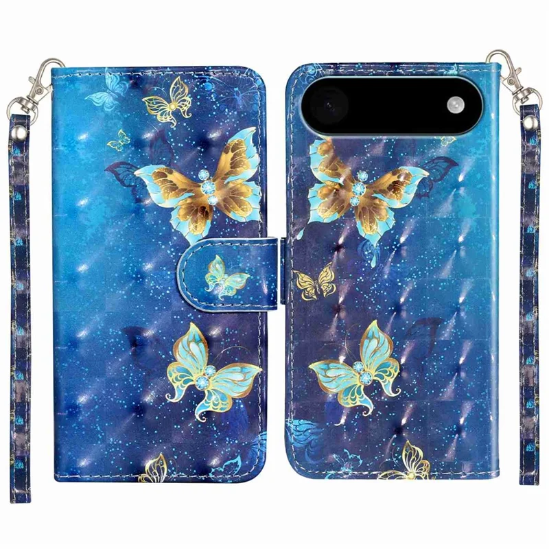 For iPhone 17 Air Wallet Case 3D Pattern Printed Leather Phone Cover with Strap - Blue Gold Butterflies