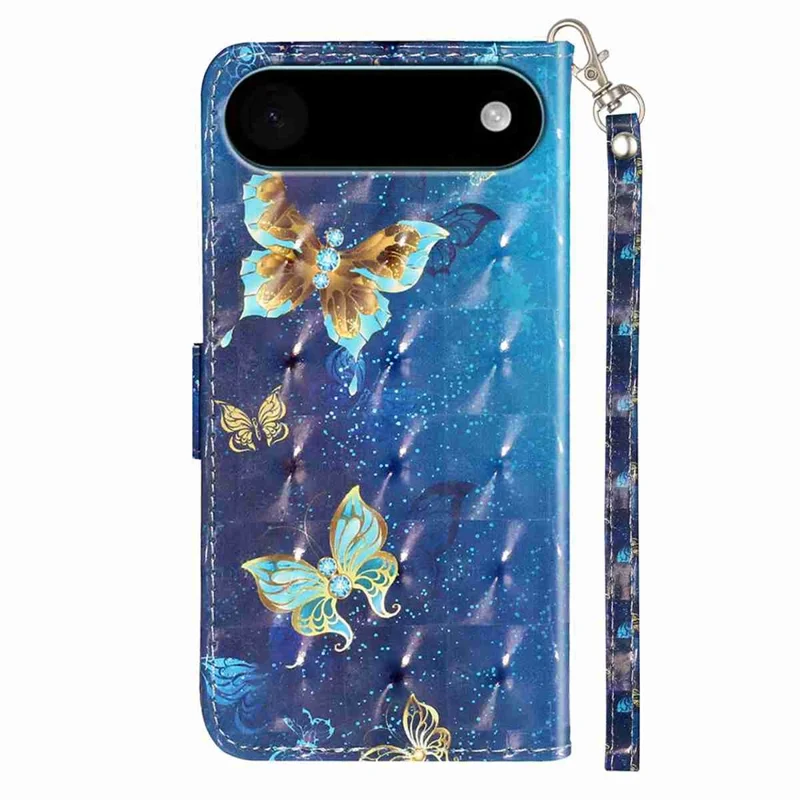 For iPhone 17 Air Wallet Case 3D Pattern Printed Leather Phone Cover with Strap - Blue Gold Butterflies