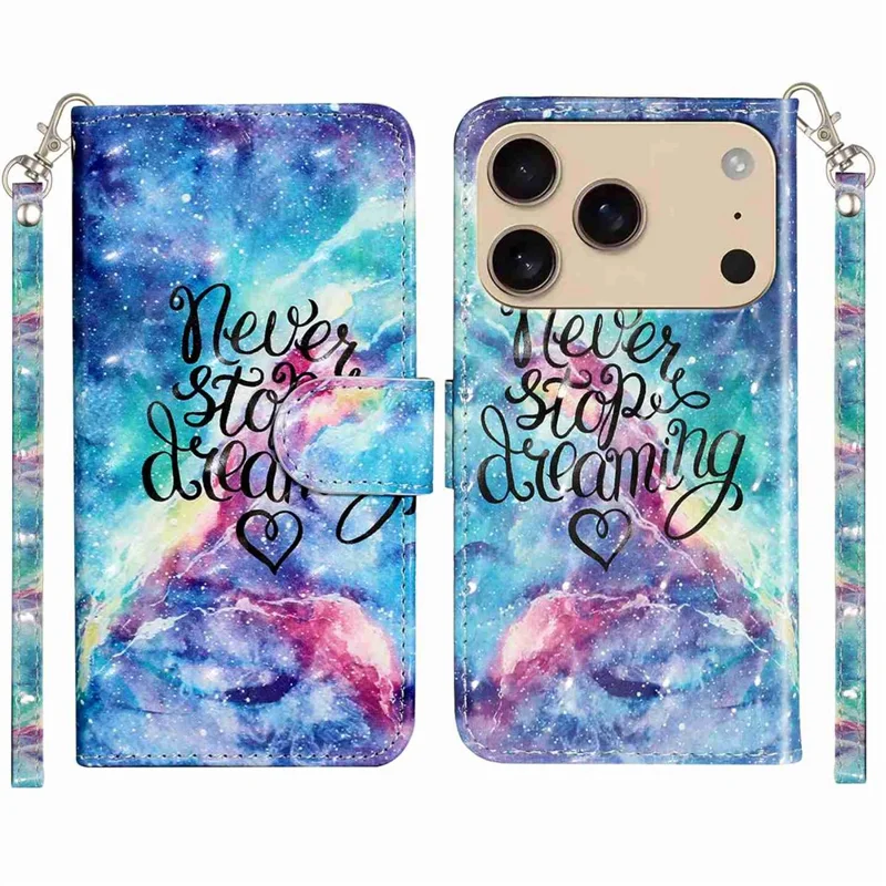 For iPhone 17 Pro Wallet Case 3D Pattern Printed Leather Phone Cover with Strap - Starry Sky