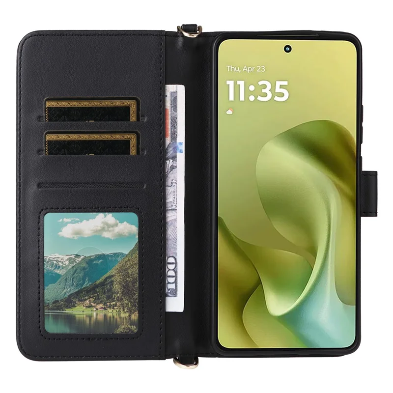 Чехол для Motorola Moto G86 Power 5G с ремешком на плечо / запястье, кожаный чехол-подставка-кошелек - Черный