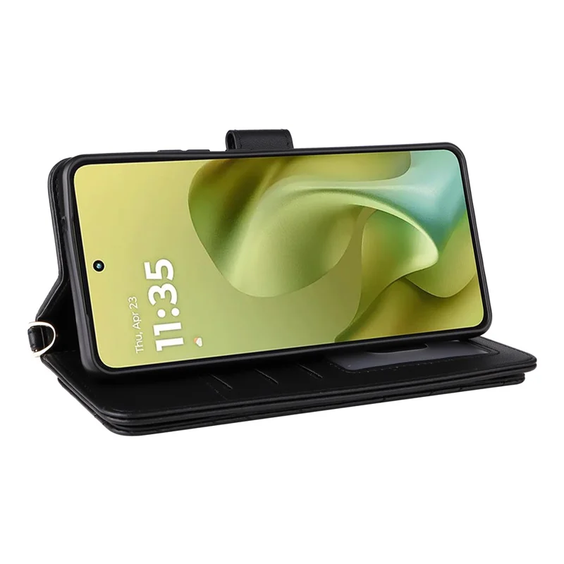 Чехол для Motorola Moto G86 Power 5G с ремешком на плечо / запястье, кожаный чехол-подставка-кошелек - Черный