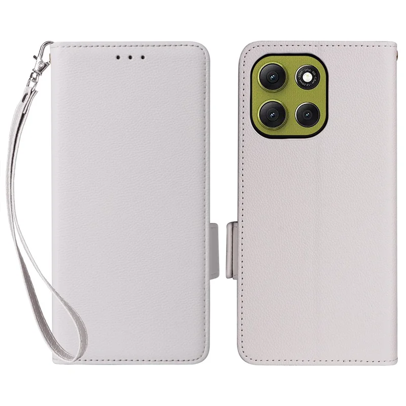 Per Motorola Moto G86 Power 5G Custodia con cinturino da polso Texture Litchi Custodia in pelle PU Portafoglio - Bianco