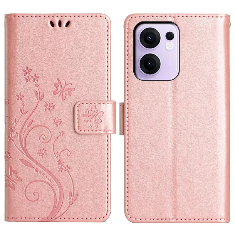 Per Oppo Reno13 F 4G / 5G Custodia portafoglio in pelle Custodia per telefono con stampa farfalla e fiore con cinturino - Oro rosa