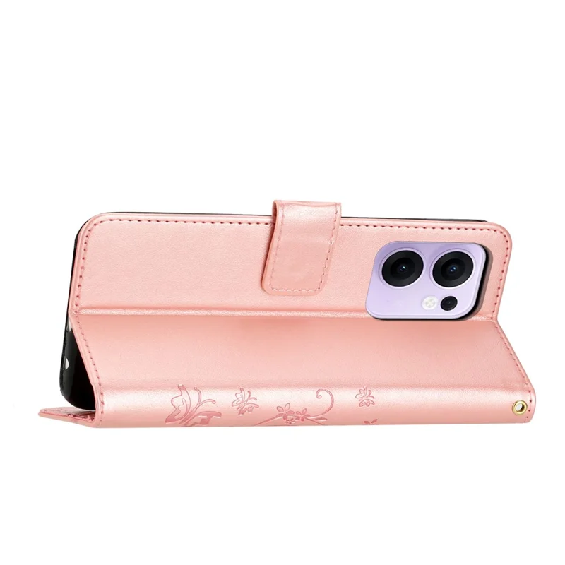 Per Oppo Reno13 F 4G / 5G Custodia portafoglio in pelle Custodia per telefono con stampa farfalla e fiore con cinturino - Oro rosa