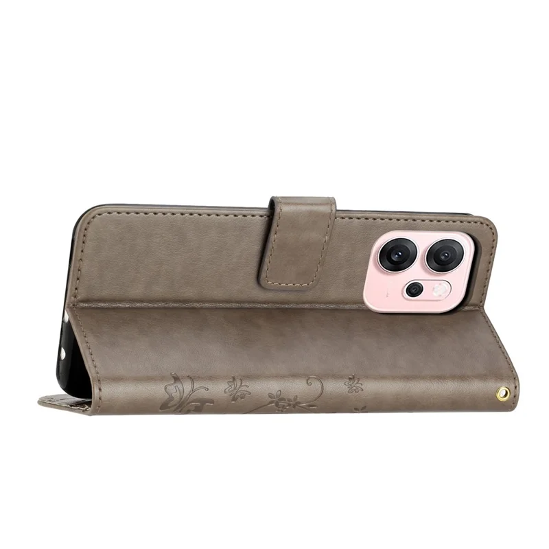 For Oppo Reno14 F 5G Leather Wallet Case Butterfly Flower Imprinted Phone Cover with Strap - Grey
