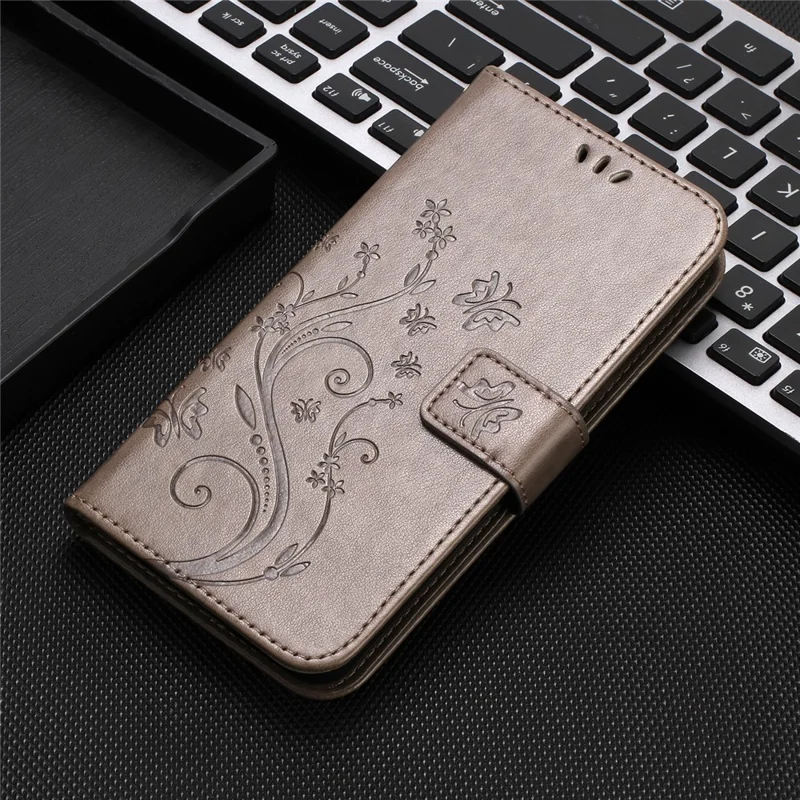 For Oppo Reno14 F 5G Leather Wallet Case Butterfly Flower Imprinted Phone Cover with Strap - Grey
