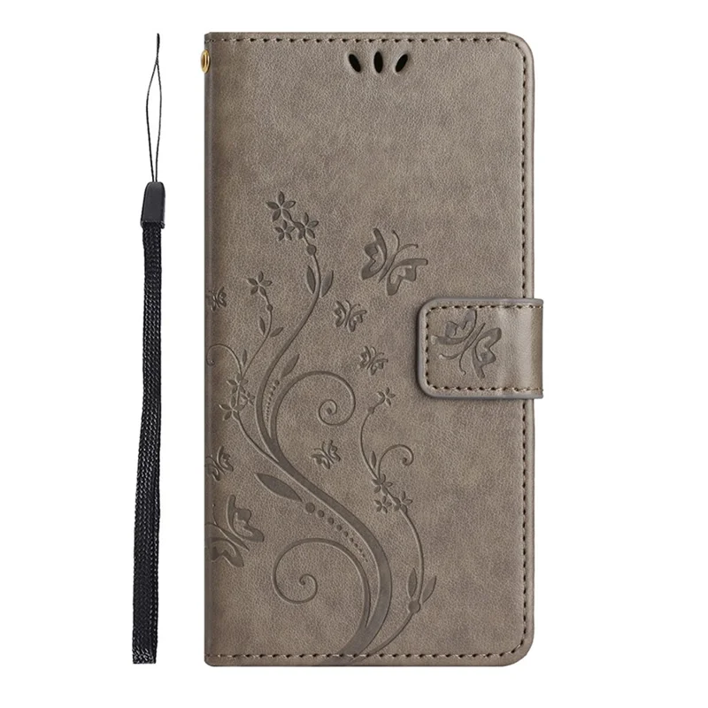For Oppo Reno14 F 5G Leather Wallet Case Butterfly Flower Imprinted Phone Cover with Strap - Grey