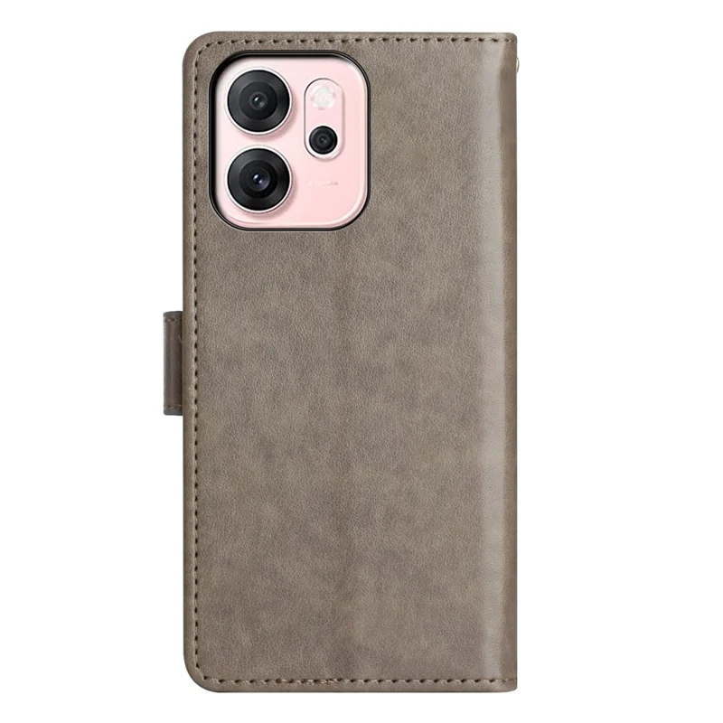 For Oppo Reno14 F 5G Leather Wallet Case Butterfly Flower Imprinted Phone Cover with Strap - Grey