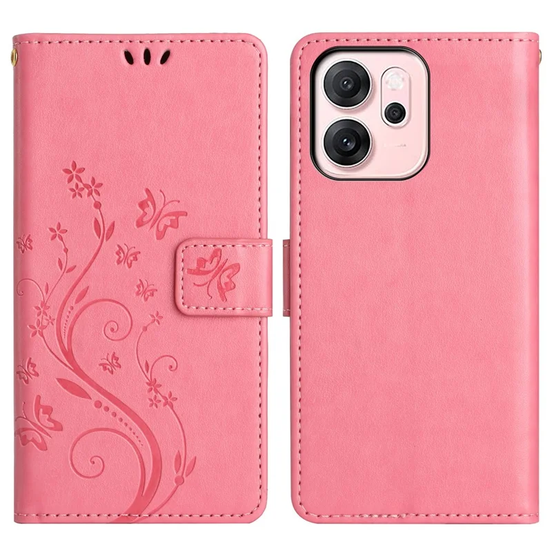 For Oppo Reno14 F 5G Leather Wallet Case Butterfly Flower Imprinted Phone Cover with Strap - Pink