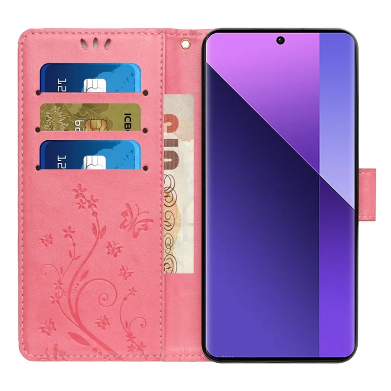 For Oppo Reno14 F 5G Leather Wallet Case Butterfly Flower Imprinted Phone Cover with Strap - Pink