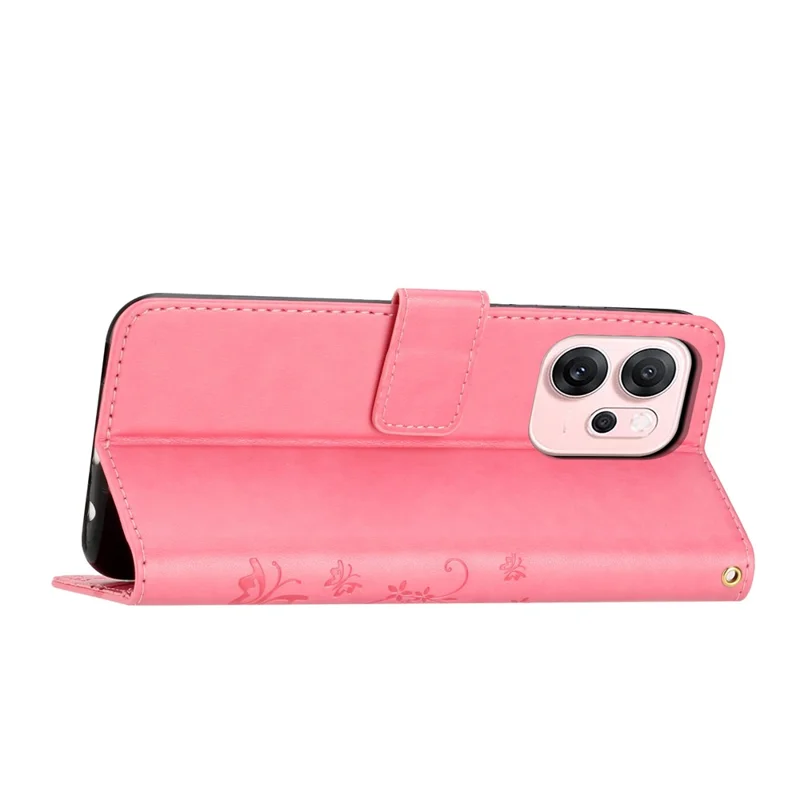 For Oppo Reno14 F 5G Leather Wallet Case Butterfly Flower Imprinted Phone Cover with Strap - Pink