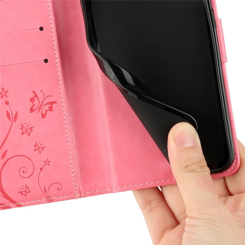 For Oppo Reno14 F 5G Leather Wallet Case Butterfly Flower Imprinted Phone Cover with Strap - Pink