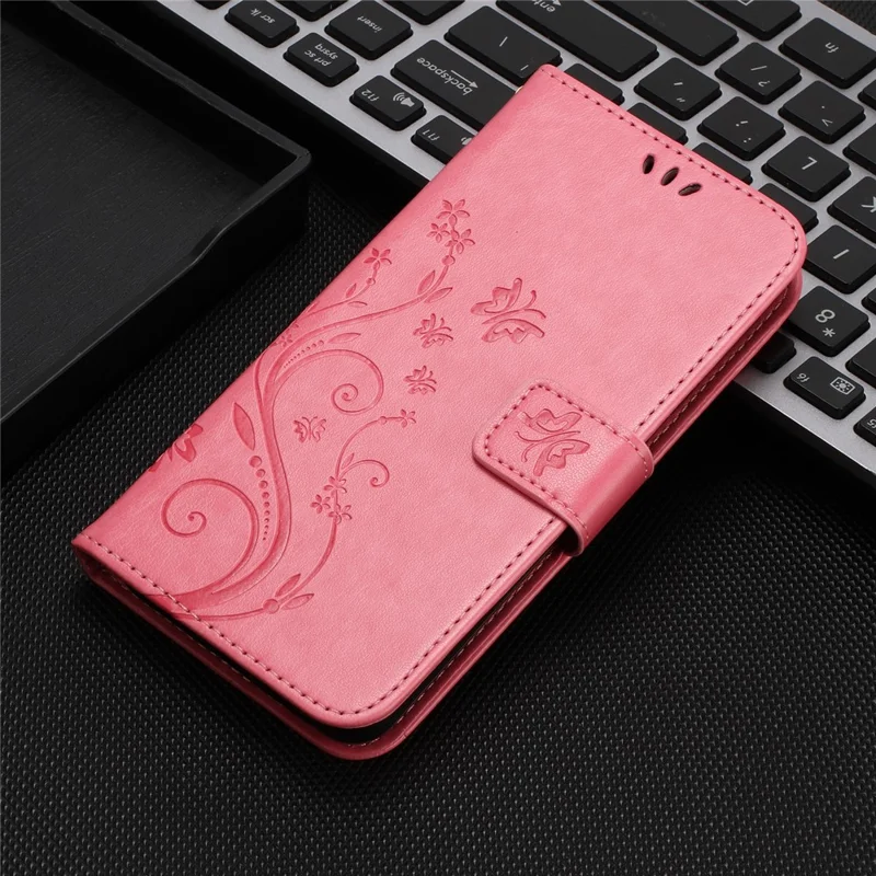 For Oppo Reno14 F 5G Leather Wallet Case Butterfly Flower Imprinted Phone Cover with Strap - Pink