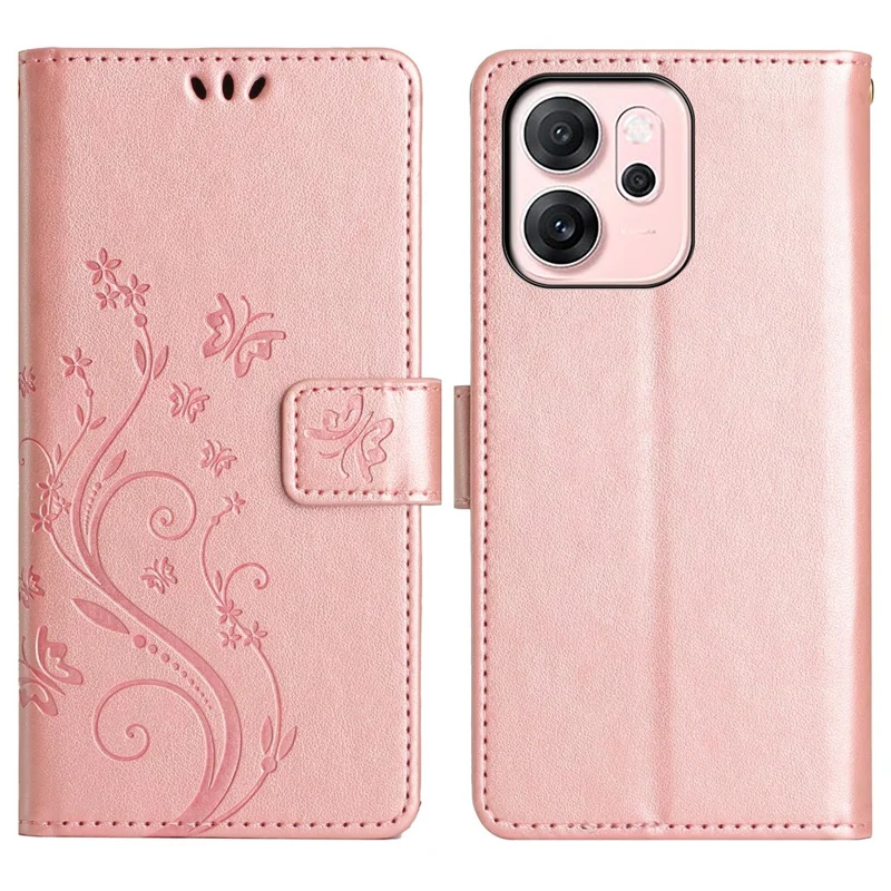 Para Oppo Reno14 F 5G Capa Carteira de Couro com Borboleta e Flor Impressa e Alça - Dourado Rosa