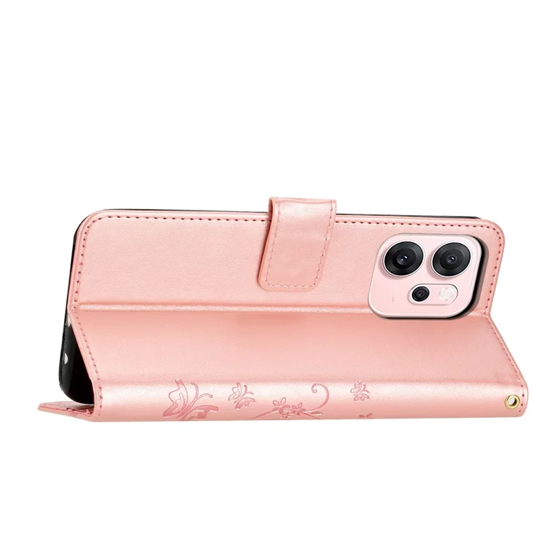 Para Oppo Reno14 F 5G Capa Carteira de Couro com Borboleta e Flor Impressa e Alça - Dourado Rosa