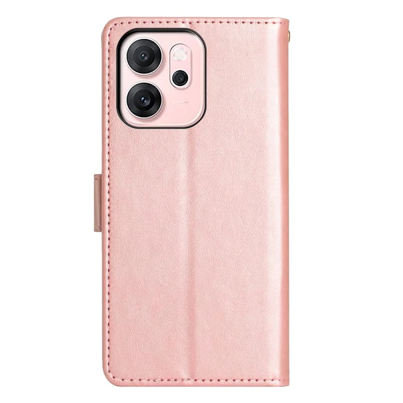 Para Oppo Reno14 F 5G Capa Carteira de Couro com Borboleta e Flor Impressa e Alça - Dourado Rosa