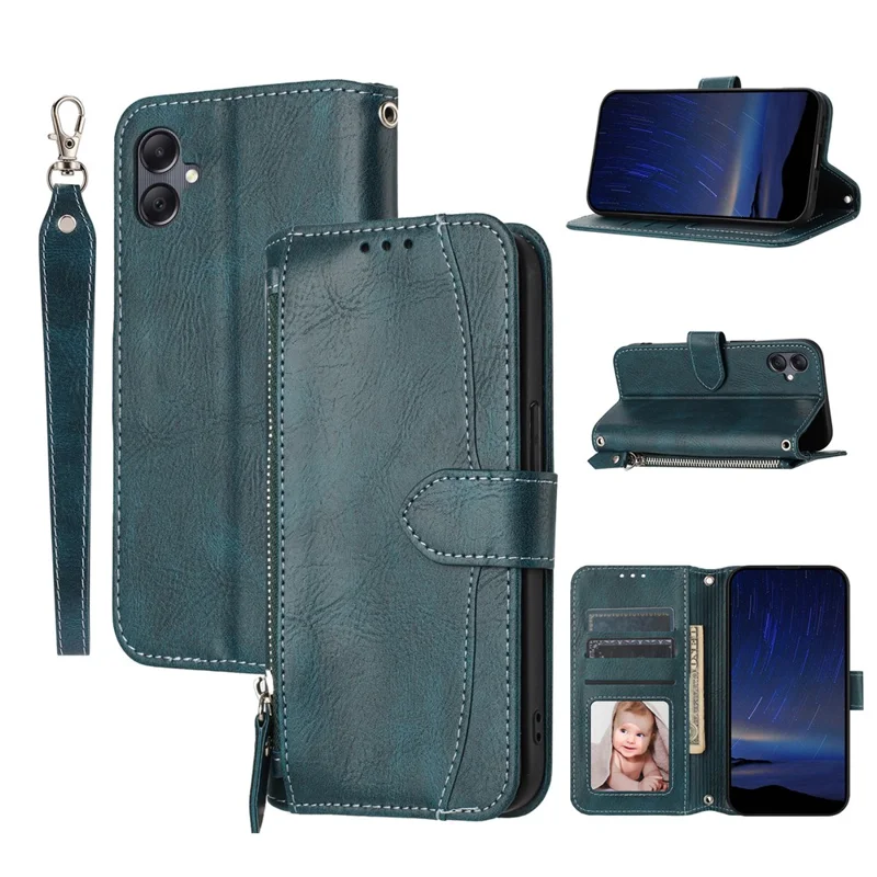 Cover per Samsung Galaxy A07 / A06 5G con Portafogli e Tasca con Cerniera in Pelle, Cinturino da Polso - Verde Scuro