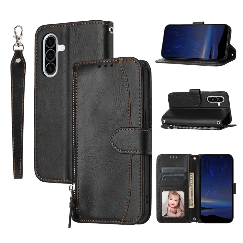 For Samsung Galaxy A17 5G /  A26 5G Case Zipper Pocket Wallet Leather Phone Cover with Wrist Strap - Black