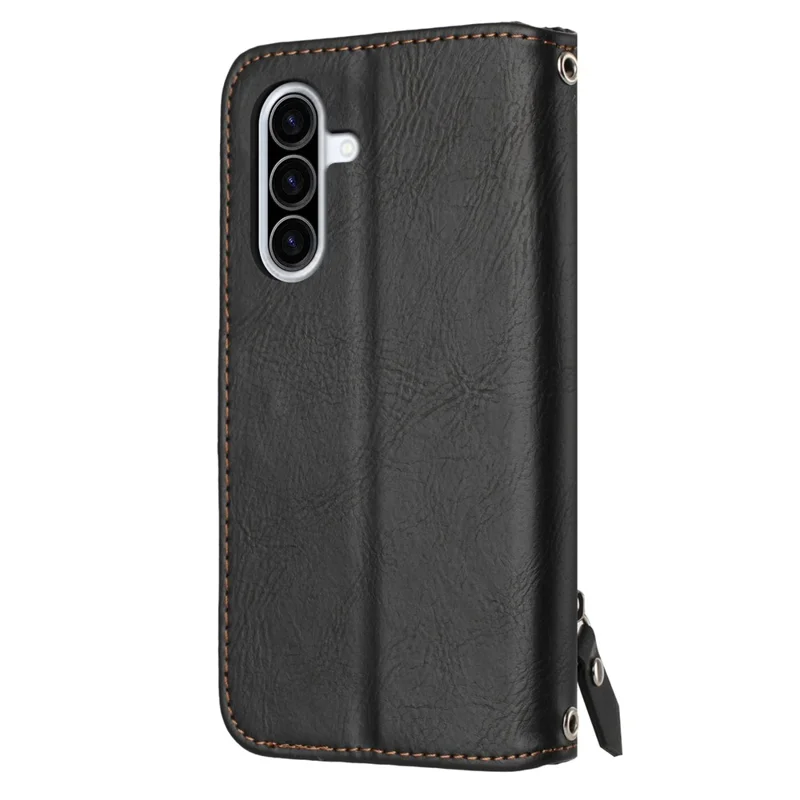 For Samsung Galaxy A17 5G /  A26 5G Case Zipper Pocket Wallet Leather Phone Cover with Wrist Strap - Black
