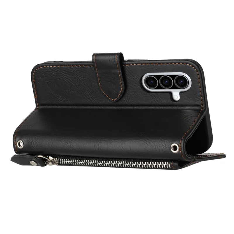 For Samsung Galaxy A17 5G /  A26 5G Case Zipper Pocket Wallet Leather Phone Cover with Wrist Strap - Black