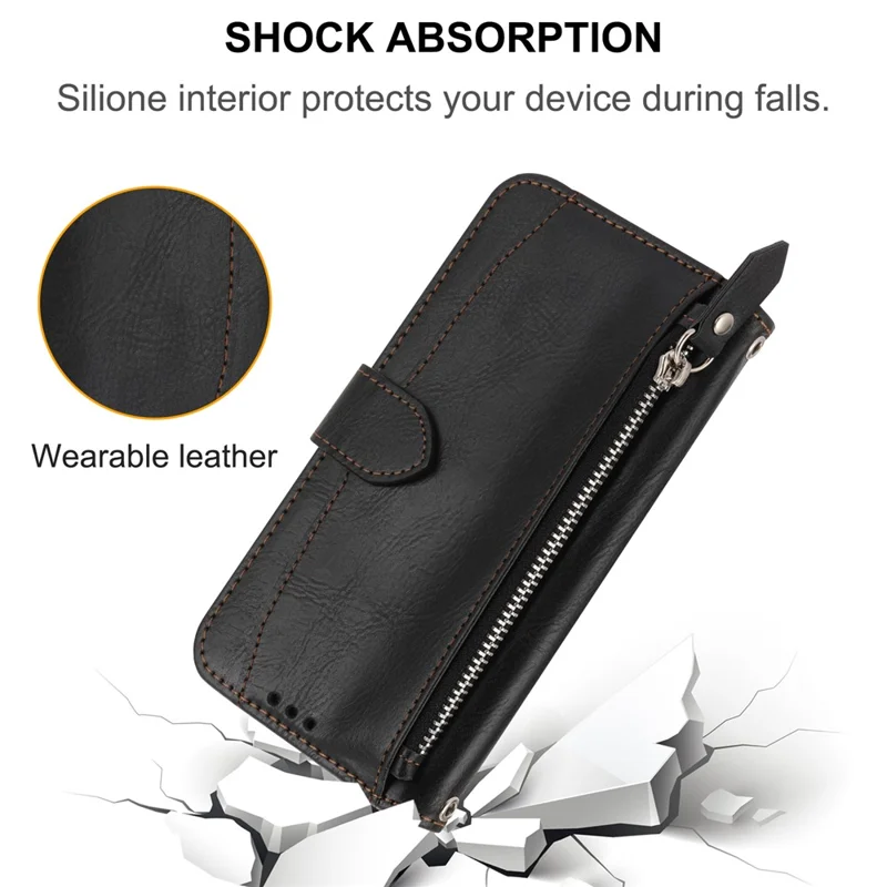 For Samsung Galaxy A17 5G /  A26 5G Case Zipper Pocket Wallet Leather Phone Cover with Wrist Strap - Black