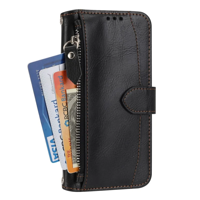 For Samsung Galaxy A17 5G /  A26 5G Case Zipper Pocket Wallet Leather Phone Cover with Wrist Strap - Black