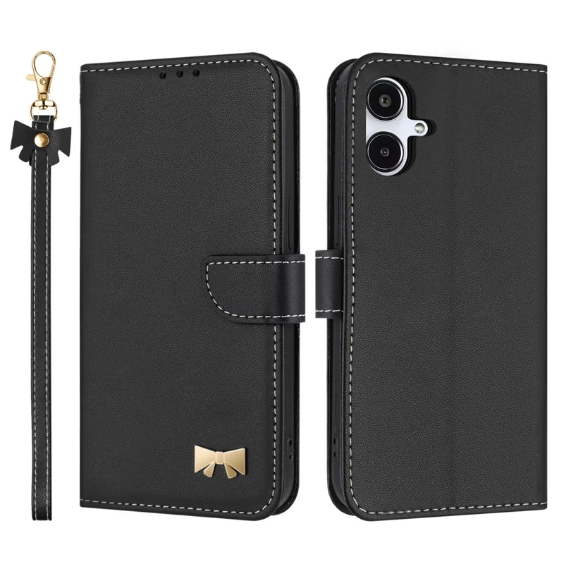 For Samsung Galaxy A07 4G / A06 4G / 5G Case Bowknot Decor Wallet Leather Phone Cover with Wrist Strap - Black