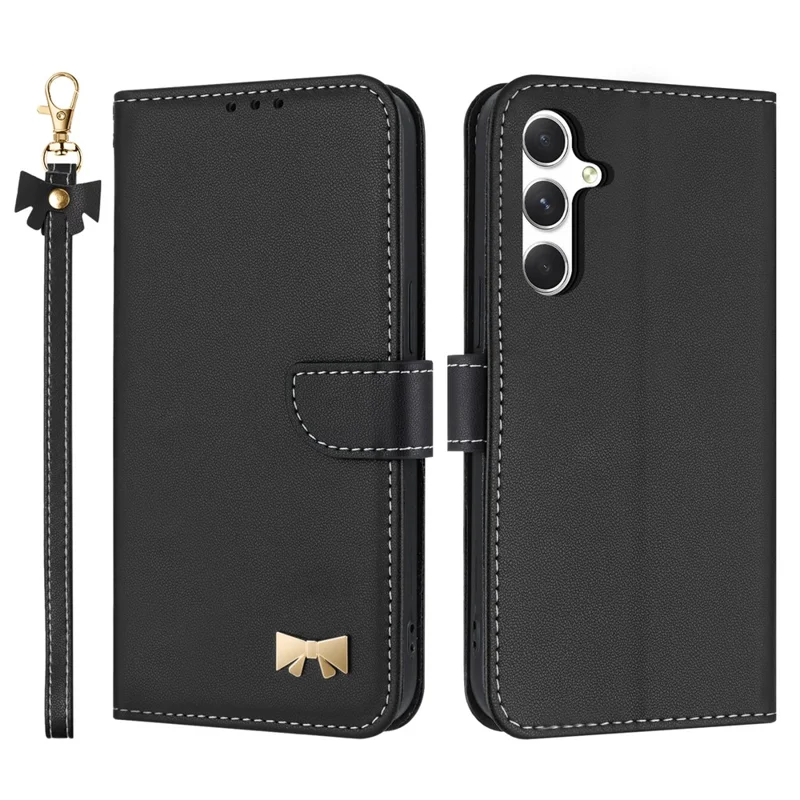 For Samsung Galaxy A17 5G / A26 5G Case Bowknot Decor Wallet Leather Phone Cover with Wrist Strap - Black