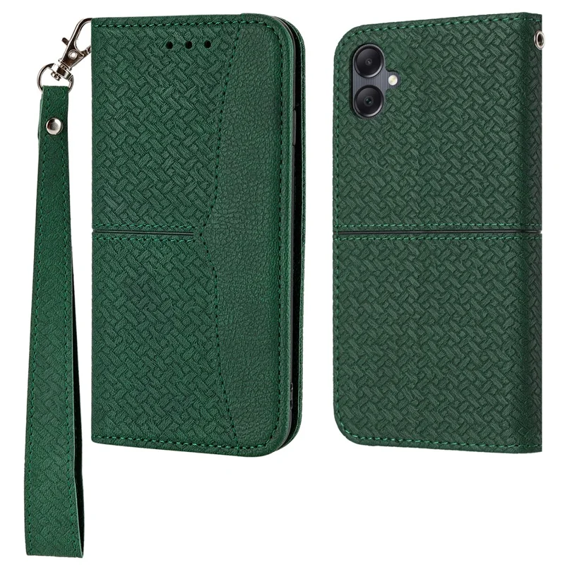 For Samsung Galaxy A07 4G / A06 4G / 5G Case Woven Texture PU Leather Wallet Phone Cover with Wrist Strap - Green