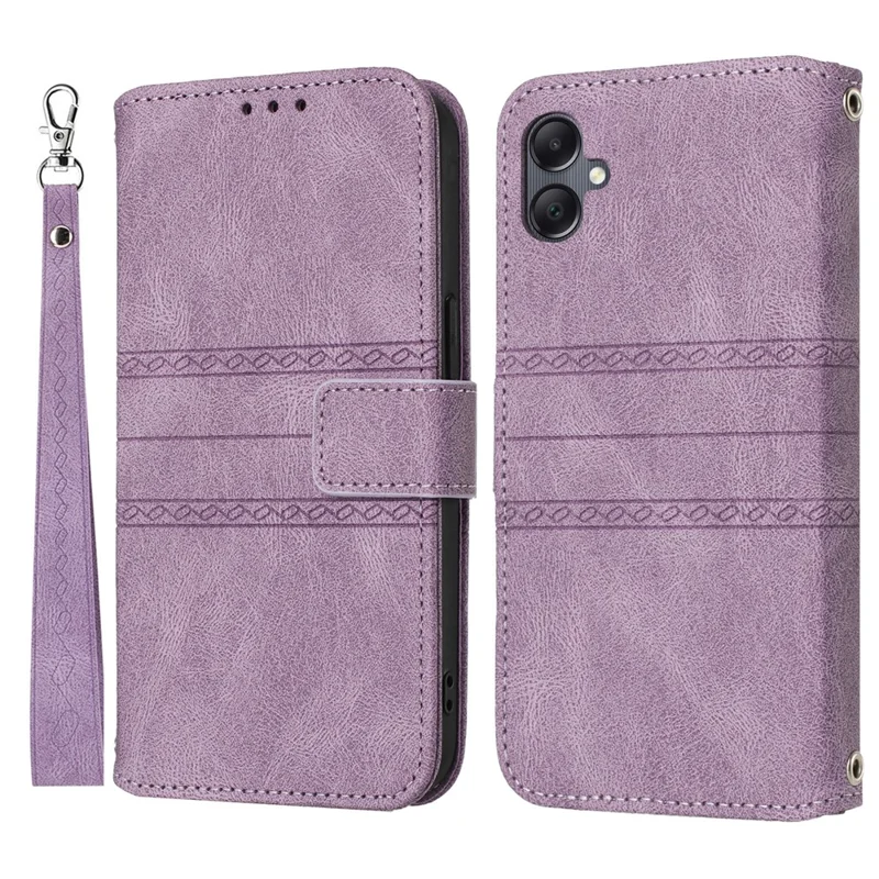For Samsung Galaxy A07 4G / A06 4G / 5G Case Wallet Skin-Touch Leather Imprinted Phone Cover with Wrist Strap - Purple