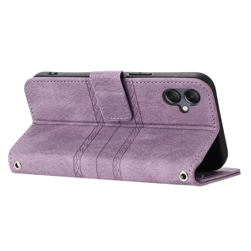 For Samsung Galaxy A07 4G / A06 4G / 5G Case Wallet Skin-Touch Leather Imprinted Phone Cover with Wrist Strap - Purple