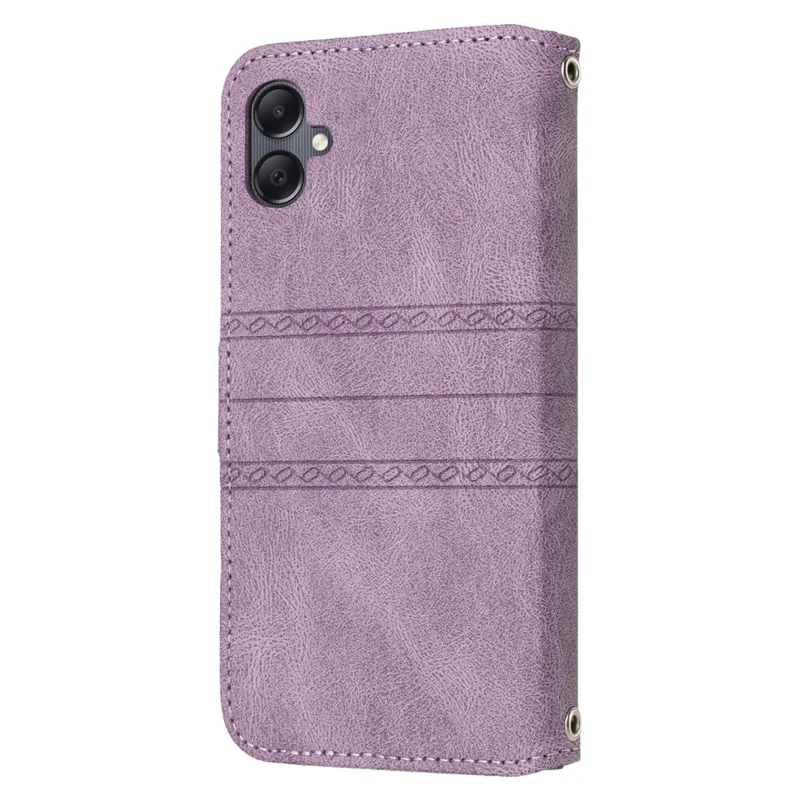 For Samsung Galaxy A07 4G / A06 4G / 5G Case Wallet Skin-Touch Leather Imprinted Phone Cover with Wrist Strap - Purple