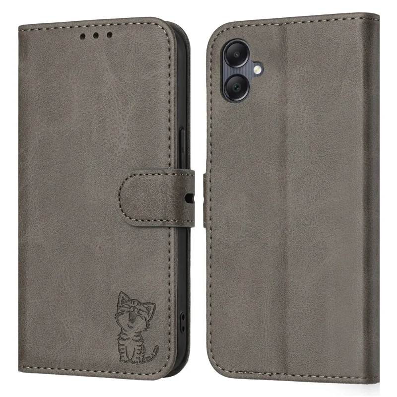 Per Samsung Galaxy A07 / A06 4G / 5G Custodia Motivo Gatto Felice Stampato Portafoglio in Pelle Custodia per Telefono - Grigio