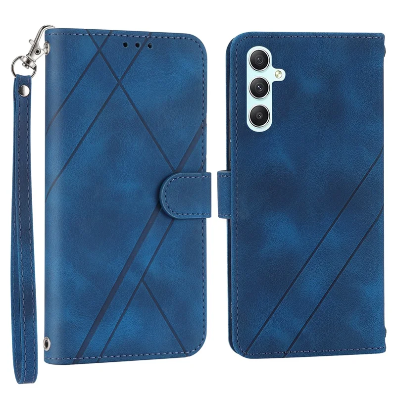 For Samsung Galaxy A17 5G / A17 4G / A26 5G Case Imprinted Line Leather Phone Cover with Handy Strap - Blue